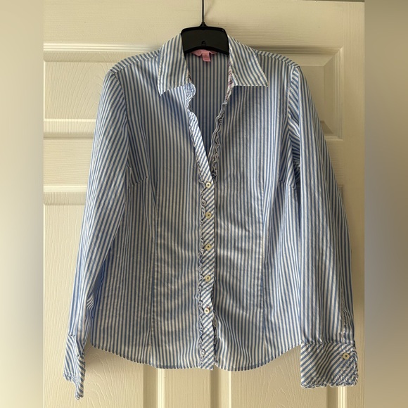 Lilly Pulitzer Tops - Lilly Pulitzer Blue & White Striped Ruffle Button-Down Shirt Size 14
